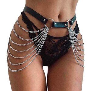 Black Waist Chain Belt Leather Layered Belly Body Chains Rave Body Jewelry Women